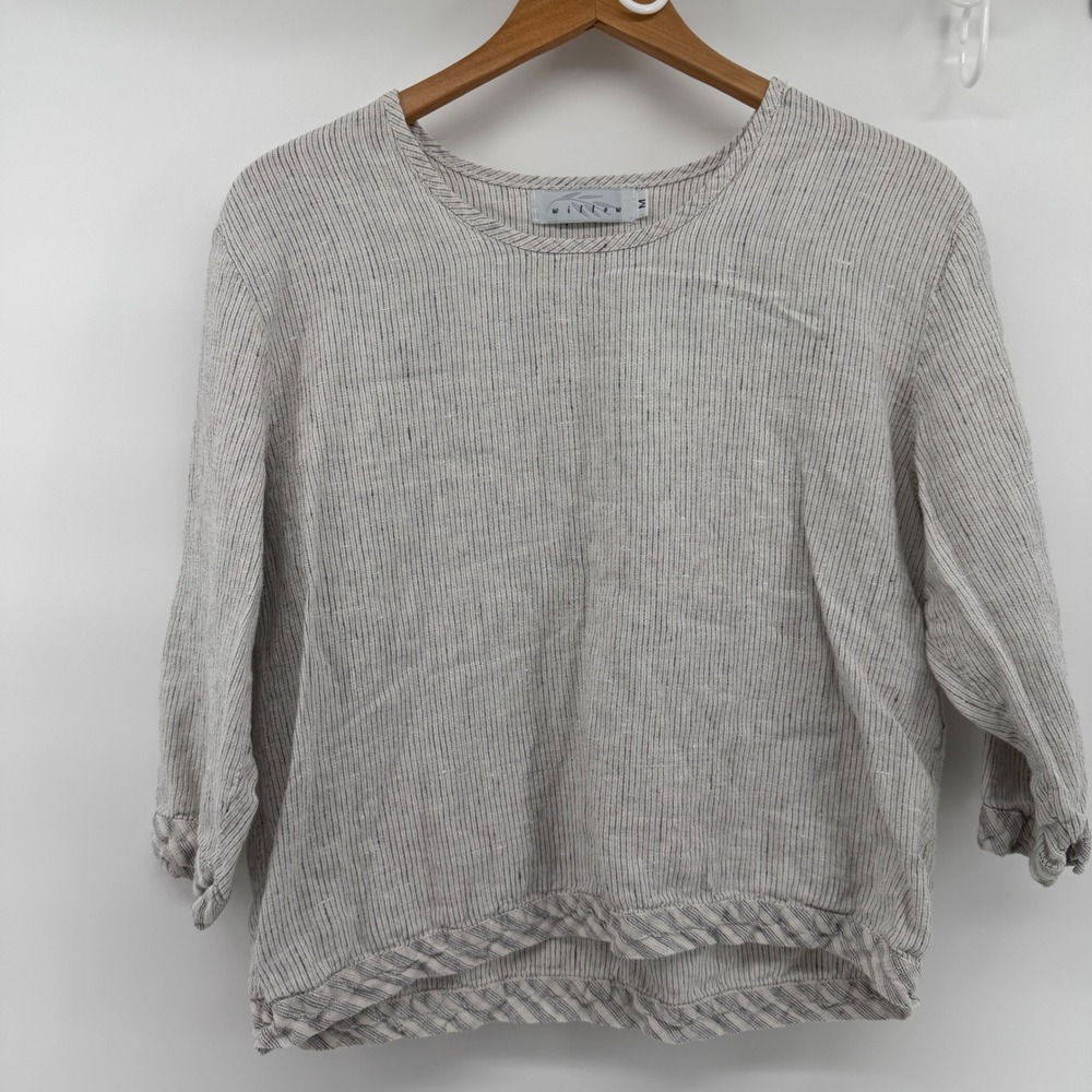 Willow 100% Linen 2 Piece Set Gray White Striped Top and Cropped Pants Womens M - Picture 2 of 11